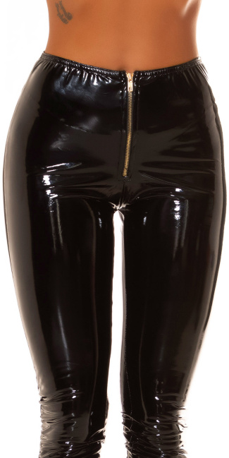 hoge taille latex look broek met ritssluiting zwart